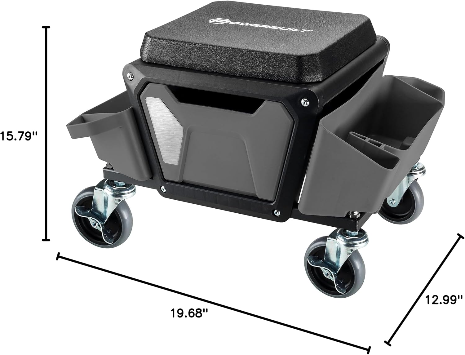 Powerbuilt Rolling Work Seat Brake Stool with 4-inch Rubber Lockable Wheels, Big Seating Platform, Tool Trays and Drawer 330 lb. Capacity, Mechanics, Gardening, Garage - 941881ECE, Grey