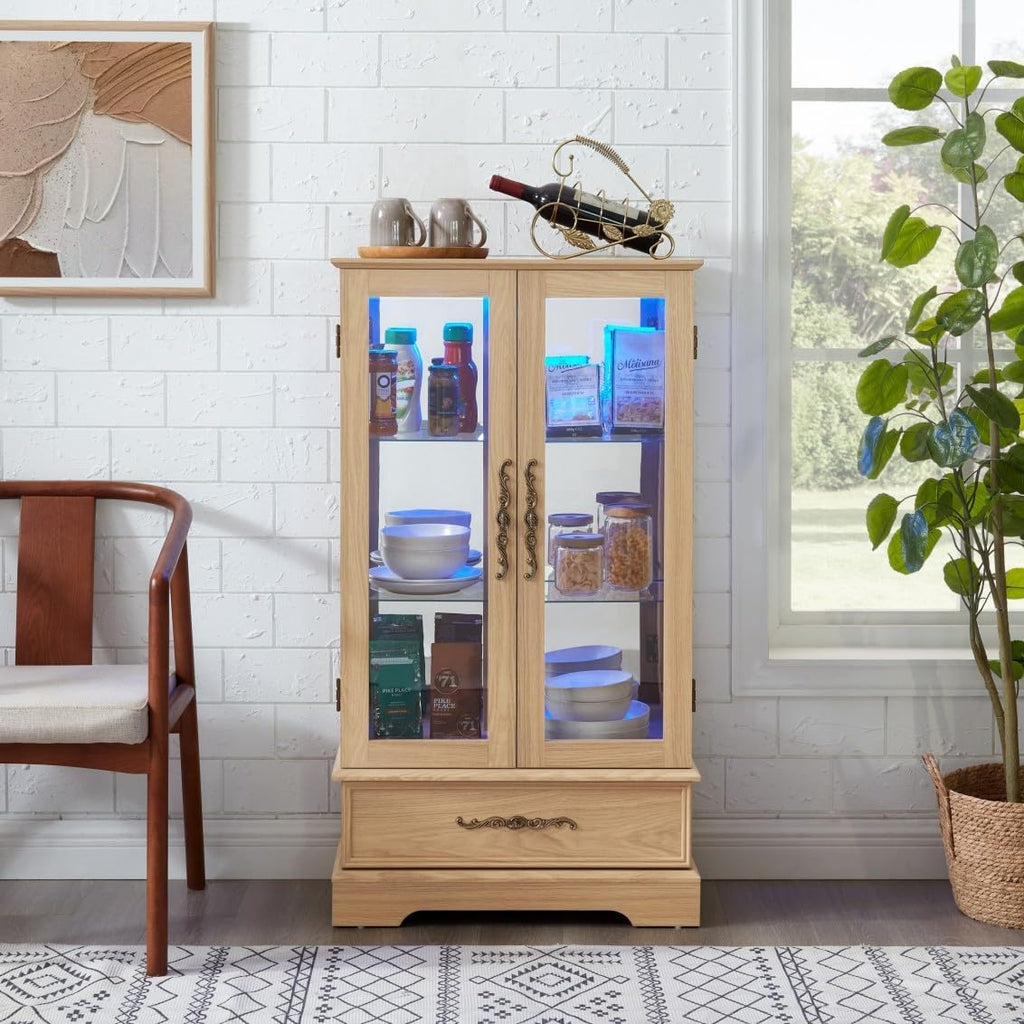 47' LED Glass Accent Curio Cabinet, 3-Tier Antique Storage Cage with Adjustable Shelves & Drawer, Acrylic Mirrored Pane, 7 Color Led Light, Small China Cabinet for Living Room/Kitchen (Oak - LED)