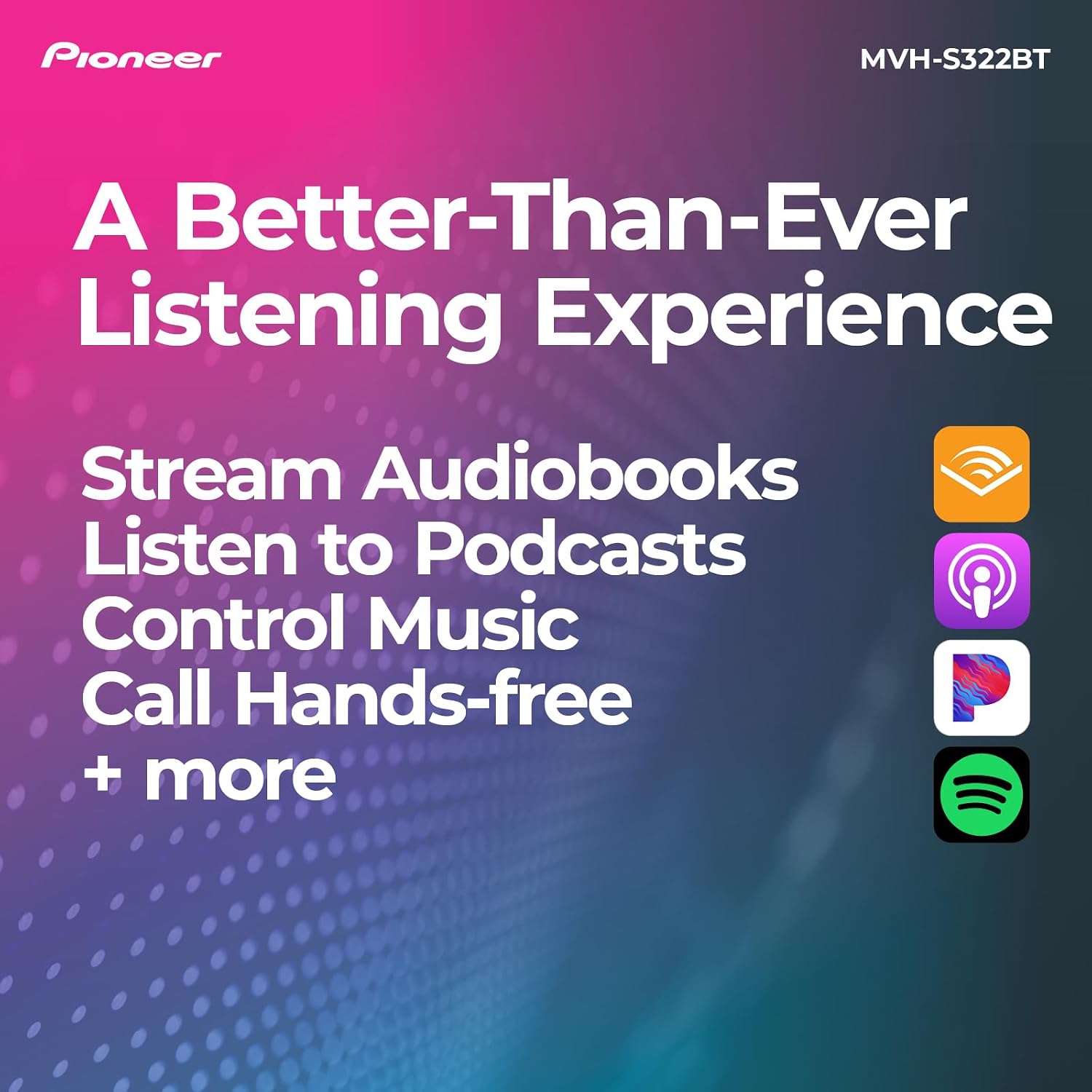 Pioneer MVH-S322BT 1-Din Digital Media Receiver – Bluetooth, USB, Color Change, FLAC, Voice Control, 50W x 4 Output, 13-Band EQ, AM/FM Radio, iPhone/Android Compatible, Front, Rear/SW Selectable RCA