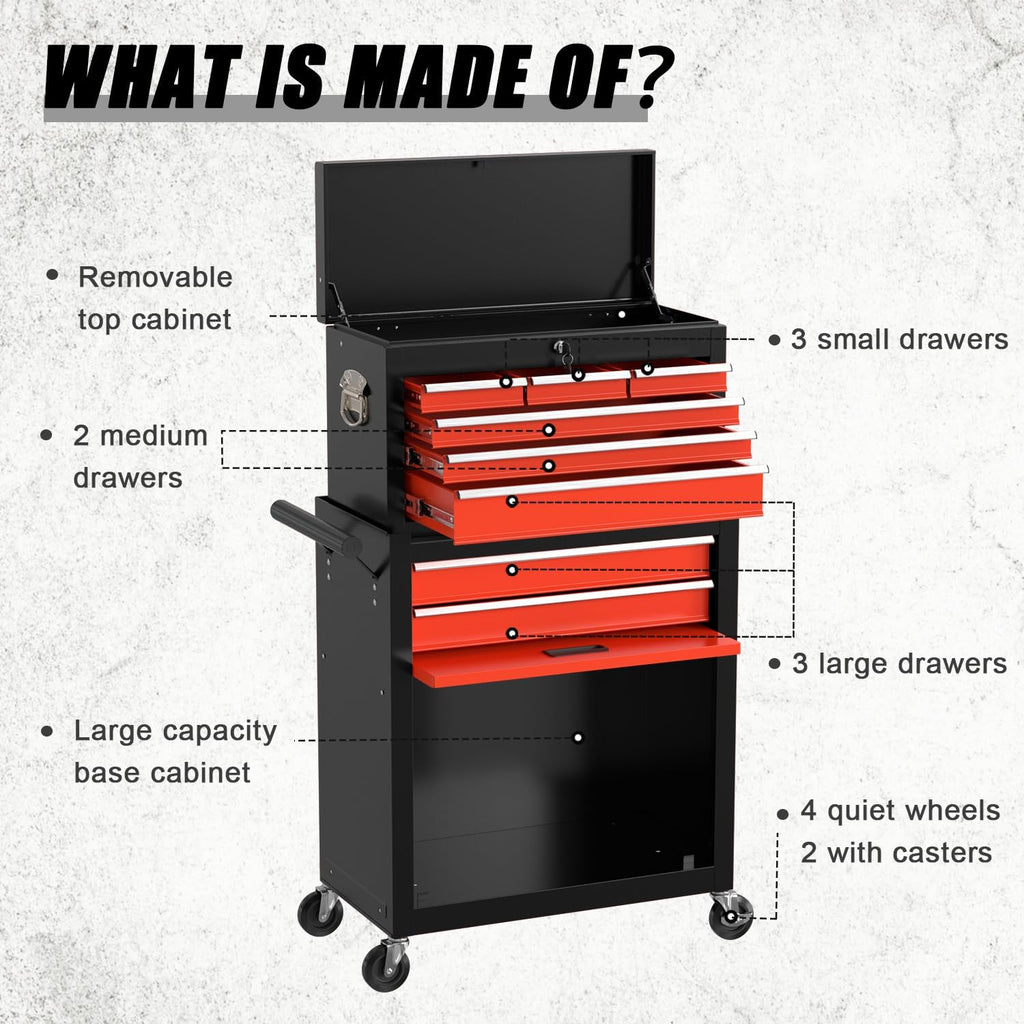 8-Drawers Large Tool Chest, Detachable Top Tool Box, Locking Mechanical tool box with wheels, Large Rolling Tool Box Organizer for Garage, Workshop, Home Crafts