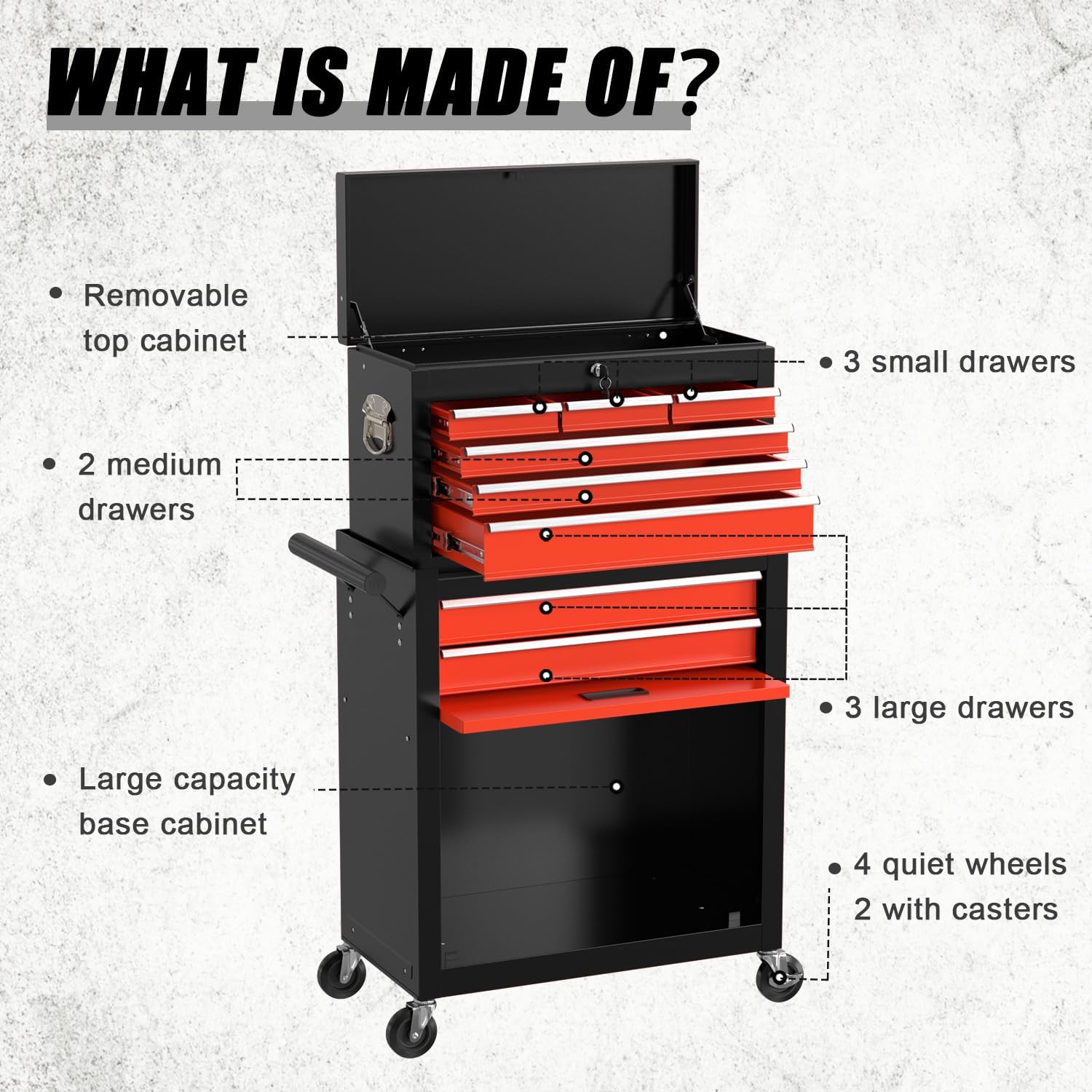 8-Drawers Large Tool Chest, Detachable Top Tool Box, Locking Mechanical tool box with wheels, Large Rolling Tool Box Organizer for Garage, Workshop, Home Crafts