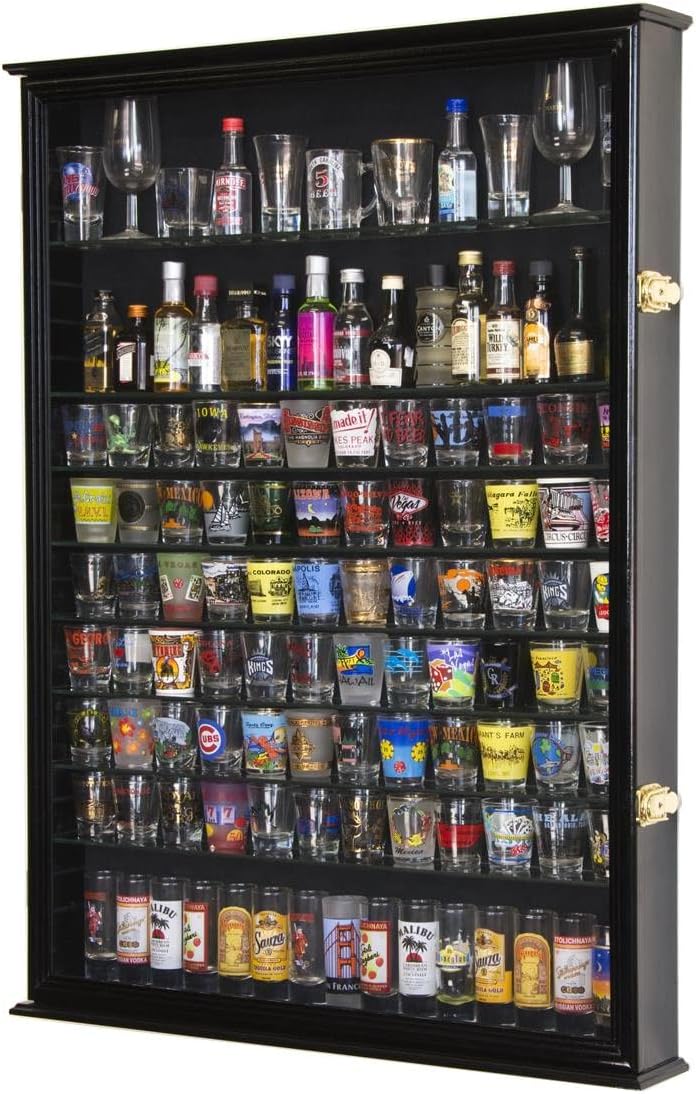 XL Shot Glass Display Case Rack Holder Cabinet for Tall Shooter and Mini Liquor Bottle