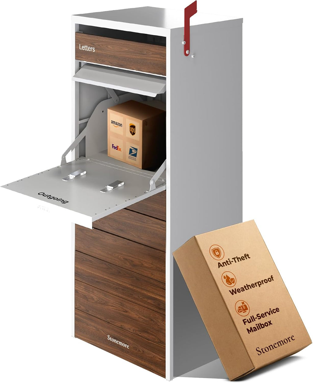 Cali USPS Compatible Mailbox, Snow White/Walnut Package Mailbox, Anti-Theft Locking Parcel Drop Box for Porch Or Curbside, Large Mailbox for Packages, Weather-Sealed Powder Coated Steel
