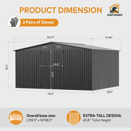 12 x 14 FT Metal Outdoor Storage Shed, Waterproof Garden Utility Shed with Lockable Door, All-Weather Storage Shelter for Bikes,Tool for Patio Lawn Backyard Garden Black