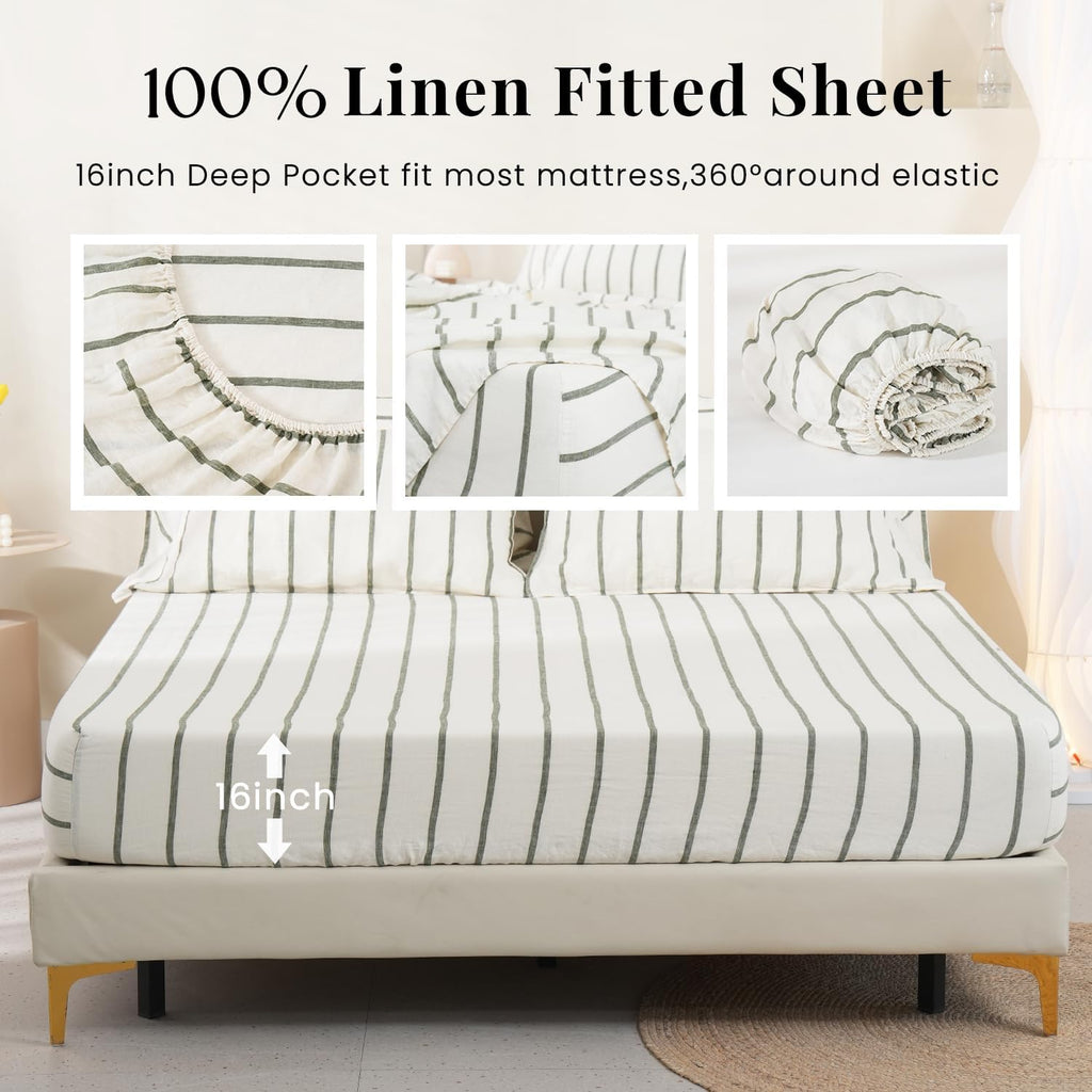 S VICTORY SYMBOL 100% Organic Linen Sheets Set,Yarn Dyed Green Vertical Stripe Bed Sheets,French Natural Flax Bedding Set,Queen Size Washed Linen 4pcs Farmhouse Bed Sheets