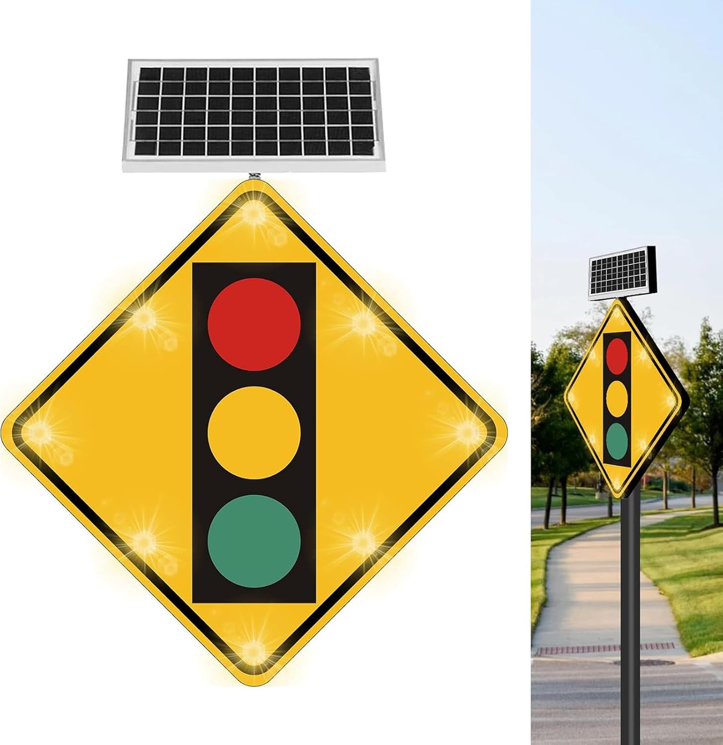 24' LED Traffic Light Ahead Sign, Solar Power Crossing Signals Waterproof Metal Warning Signal, Reflective Film Signal Signs with Accessories