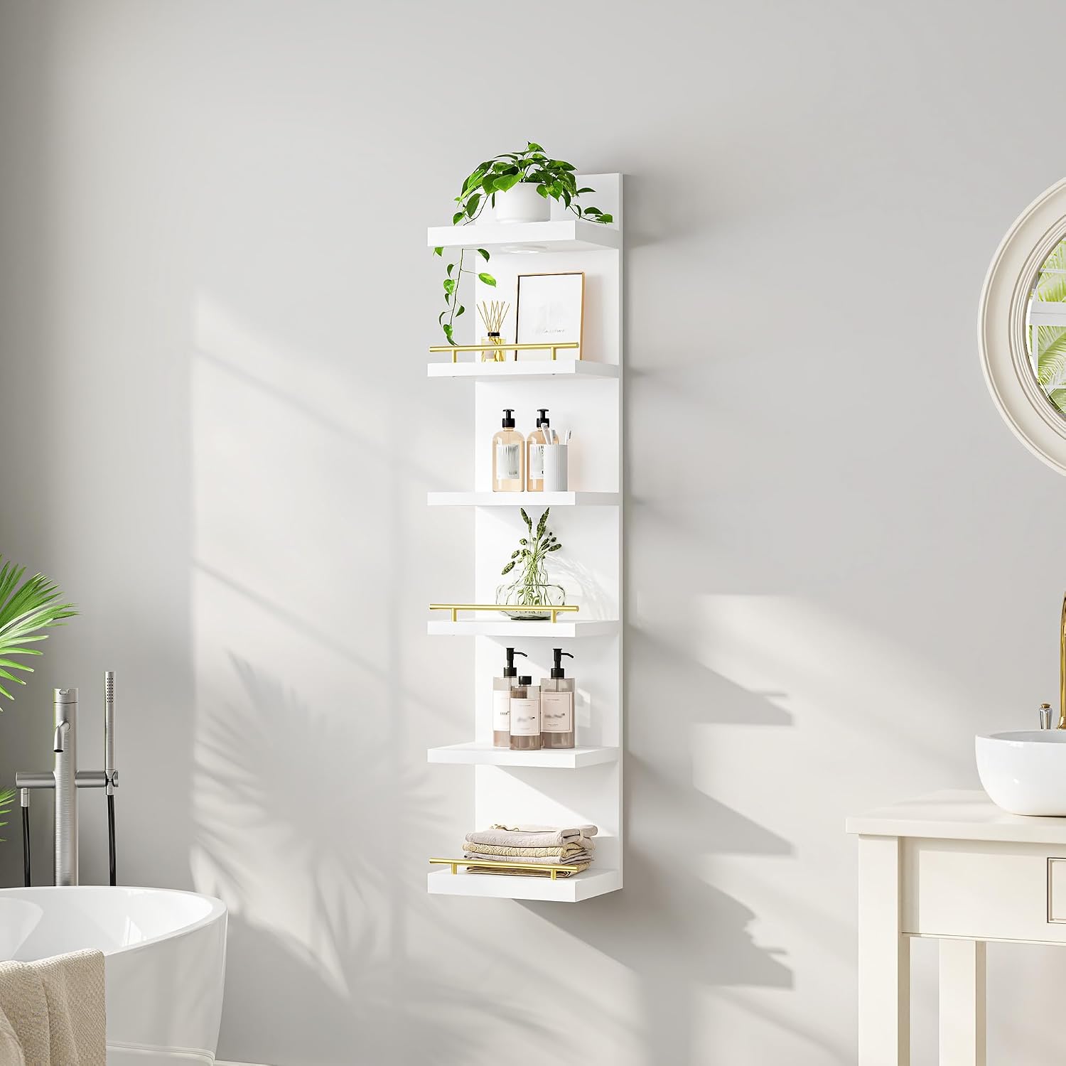 DurayLoly 2 Pack 6 Tier Wall Shelf Unit, White Floating Shelves, Display Shelf with LED Light, Floating Shelf for Living Room, Bedroom or Vanity Storage