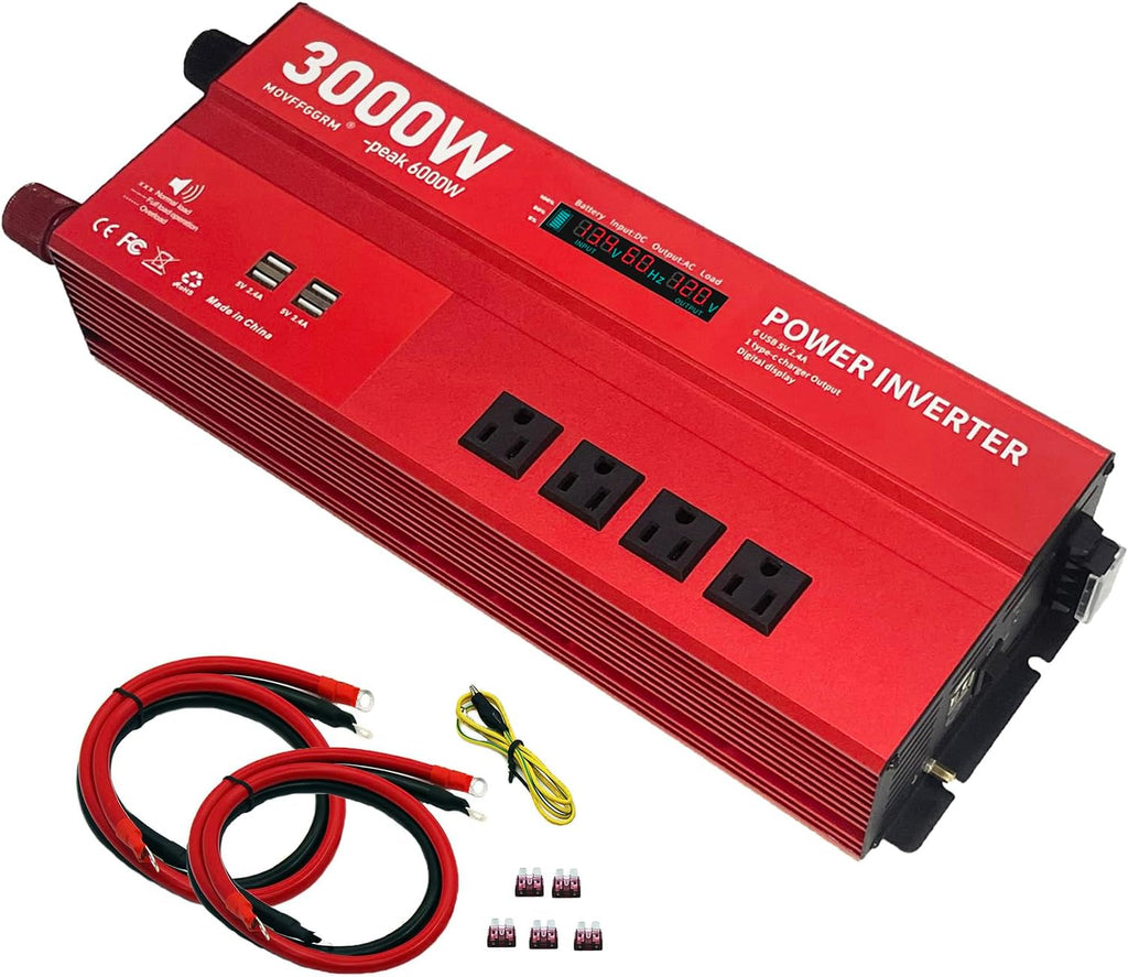 3000W 12V Power Inverter,Peak 6000W, Car/Truck/RV DC 12V to 110V 4AC Converter, 6X 2.4A USB Ports,with 18W Type-C Quick Charge Port,LCD Digital Display