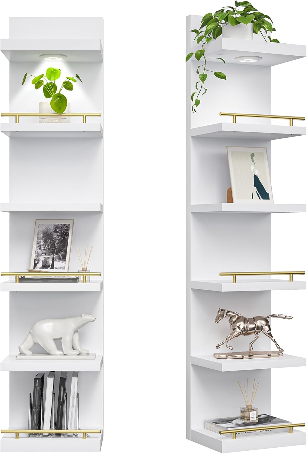DurayLoly 2 Pack 6 Tier Wall Shelf Unit, White Floating Shelves, Display Shelf with LED Light, Floating Shelf for Living Room, Bedroom or Vanity Storage