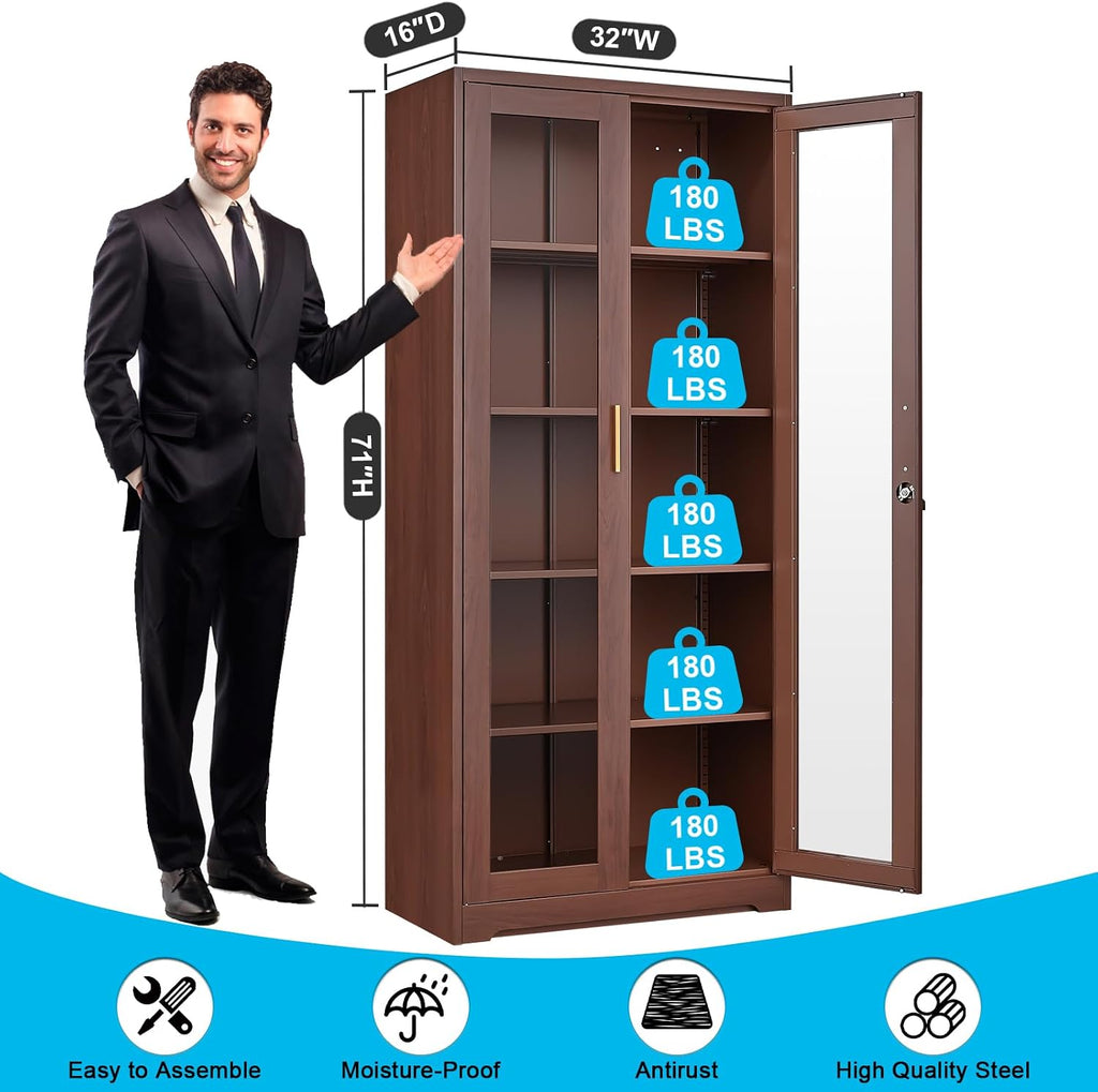 SteeLoong 71' Glass Display Cabinet with Lock,Curio Cabinet with Glass Doors, Metal Display Case with 4 Adjustable Shelves, Brown Bookcase Locking Storage Cabinets for Living Room, Kitchen，Commercial