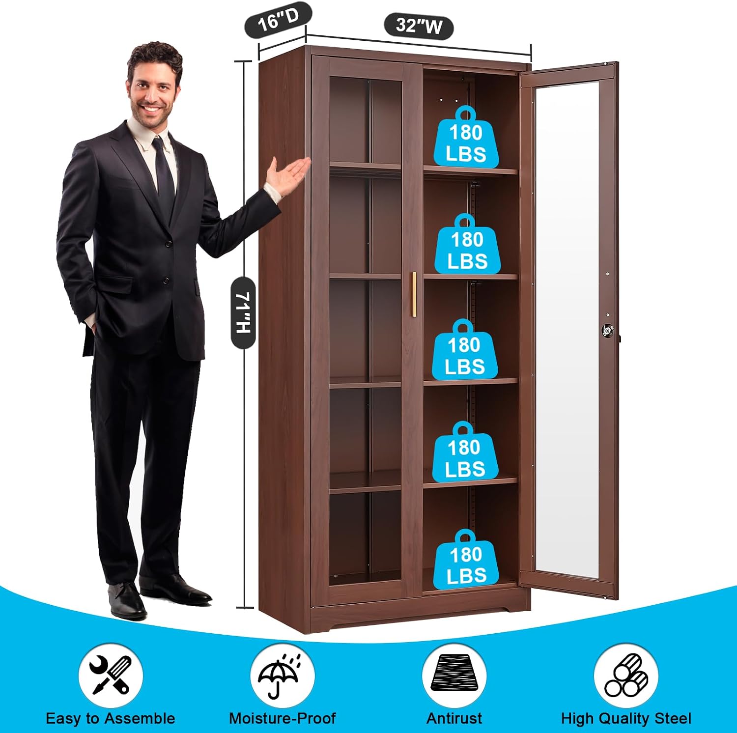 SteeLoong 71' Glass Display Cabinet with Lock,Curio Cabinet with Glass Doors, Metal Display Case with 4 Adjustable Shelves, Brown Bookcase Locking Storage Cabinets for Living Room, Kitchen，Commercial