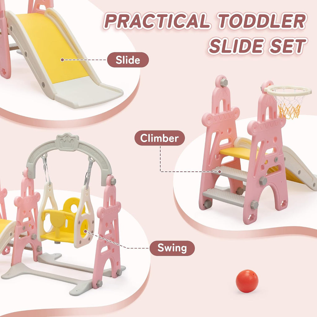 3-in-1 Kids Slide for Toddlers Slide and Swing Set,Indoor Playground for Children,Freestanding Outdoor Slides with Basketball Hoop,Outside Climber Playhouses,Baby Climbing Toys