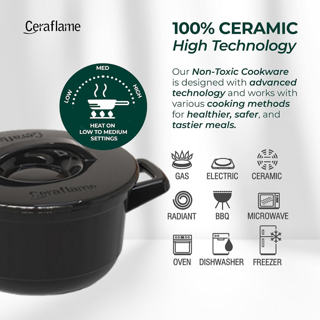 Pure Ceramic, Healthy, Non Toxic Cookware Set - Oven Safe Up to 1200F, Microwave and Dishwasher Safe, Longlasting and Lightweight - PFAS, PTFE, PFOA, PFOS - Black