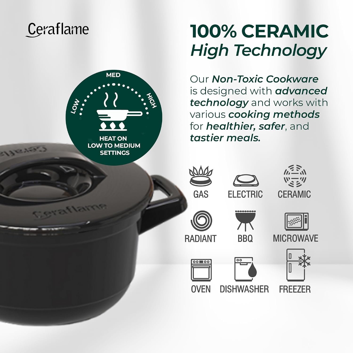 Pure Ceramic, Healthy, Non Toxic Cookware Set - Oven Safe Up to 1200F, Microwave and Dishwasher Safe, Longlasting and Lightweight - PFAS, PTFE, PFOA, PFOS - Black