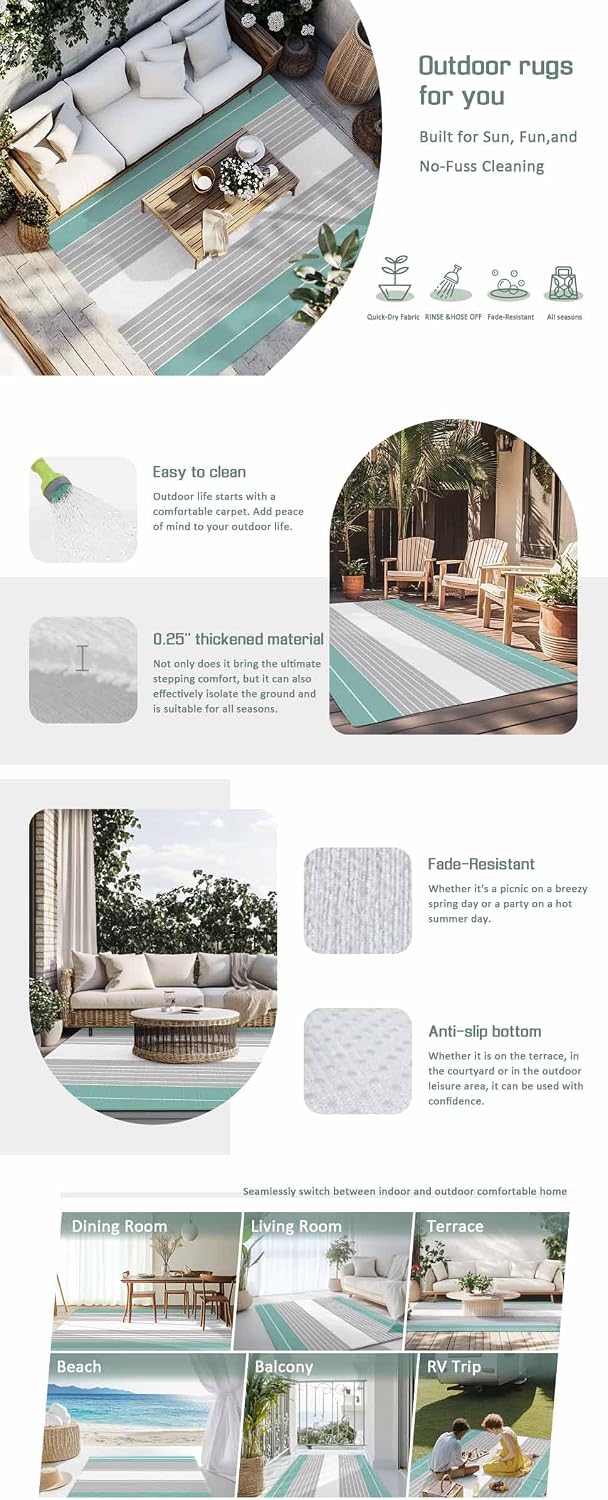 Outdoor Rug 4x6ft Turquoise Grey Striped Line Patio Area Rugs Waterproof Easy Cleaning Non Shedding Thick Mats Carpet for Indoor Outdoor Porch Deck Backyard Balcony