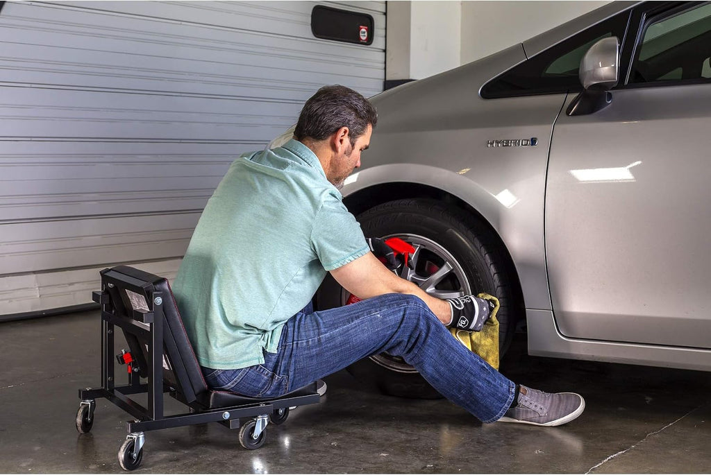 Powerbuilt 2-in-1 Rolling Creeper Seat Converts from High to Low Roller Seat, Fast, Tool-Free Conversion, Garage, Shop, Brake Jobs, Washing, Detailing, Maintenance, Thick Pad, 3-in. Casters - 240298