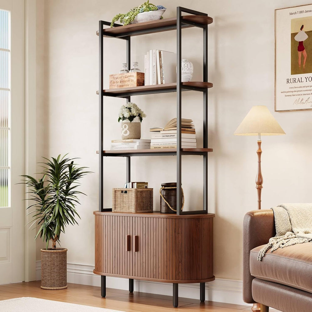 5 Tier Tall Bookshelf with Cabinet, Fluted Bookcase with Sliding Door, Metal and Wood Display Shelf, Free Standing Storage Shelving Unit, Corner Storage Organizer for Living Room, Home Office, Walnut