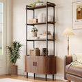 5 Tier Tall Bookshelf with Cabinet, Fluted Bookcase with Sliding Door, Metal and Wood Display Shelf, Free Standing Storage Shelving Unit, Corner Storage Organizer for Living Room, Home Office, Walnut