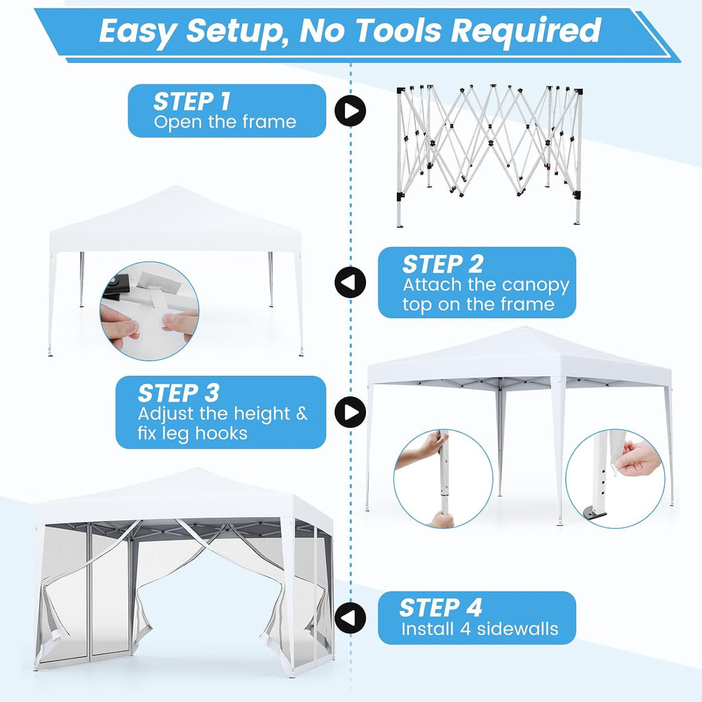 Tangkula 10x10 Ft Pop Up Canopy with Netting, Easy Up Outdoor Tent with Mesh Sidewalls, Carrying Bag, Adjustable Height, Portable Canopy Tent for Parties Events Camping Travel
