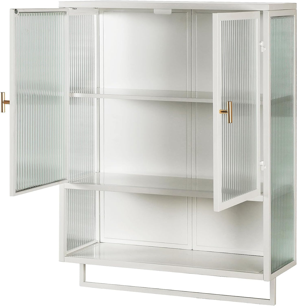 Retro Style Haze Double Glass Door Wall Cabinet with Detachable Shelves for Office, Dining Room,Living Room, Kitchen and Bathroom Mint White