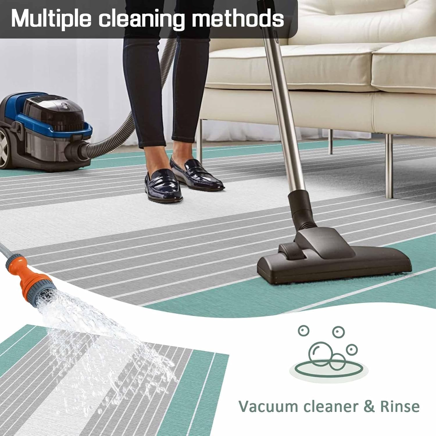 Outdoor Rug 4x6ft Turquoise Grey Striped Line Patio Area Rugs Waterproof Easy Cleaning Non Shedding Thick Mats Carpet for Indoor Outdoor Porch Deck Backyard Balcony