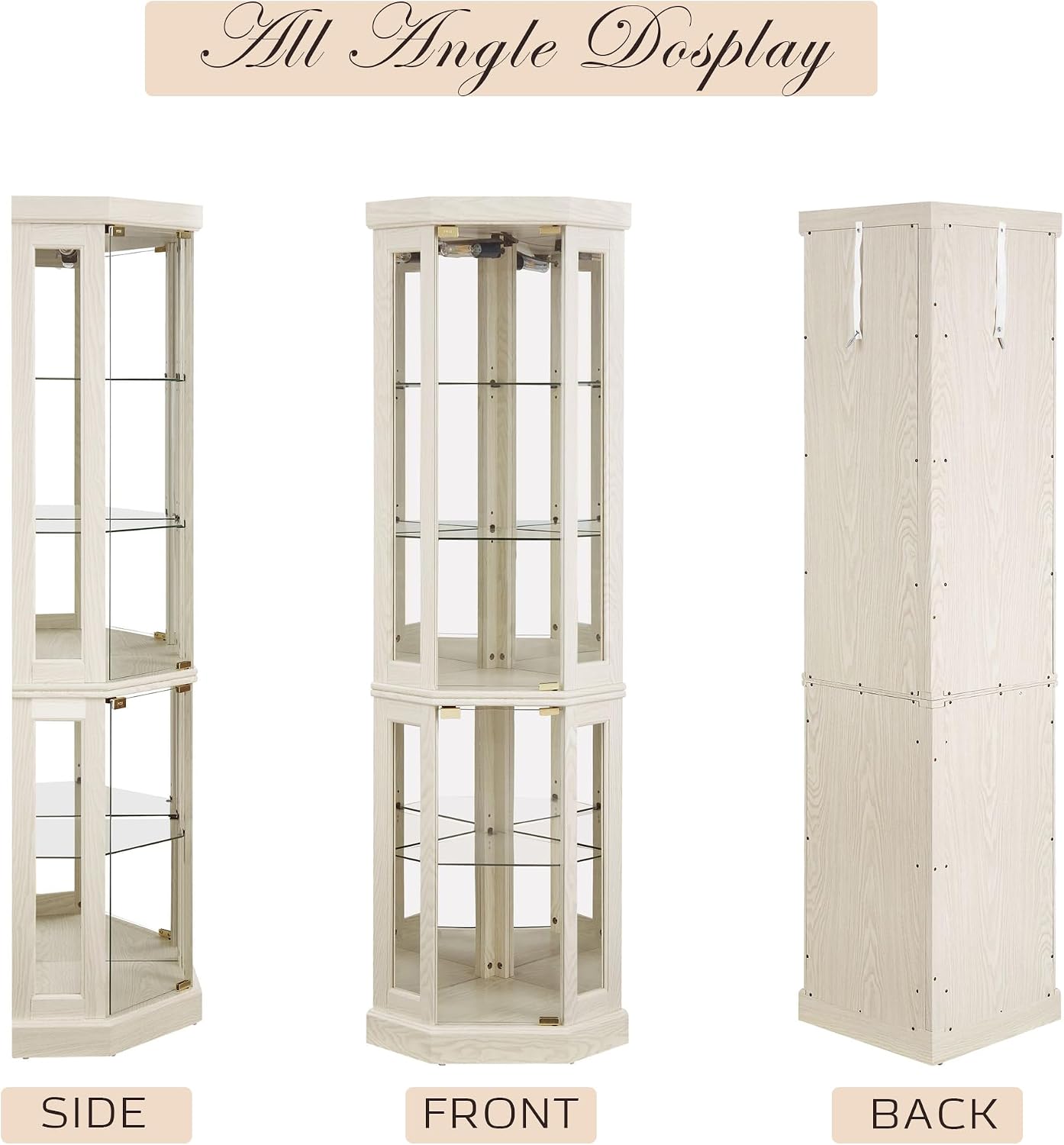 70' Lighted Corner Curio Cabinet, Curved Wood China Display Case with Tempered Glass Doors & Adjustable Shelves, Light Bulb Included, Tall Wine Storage Rack for Bar and Liquor Storage (White)