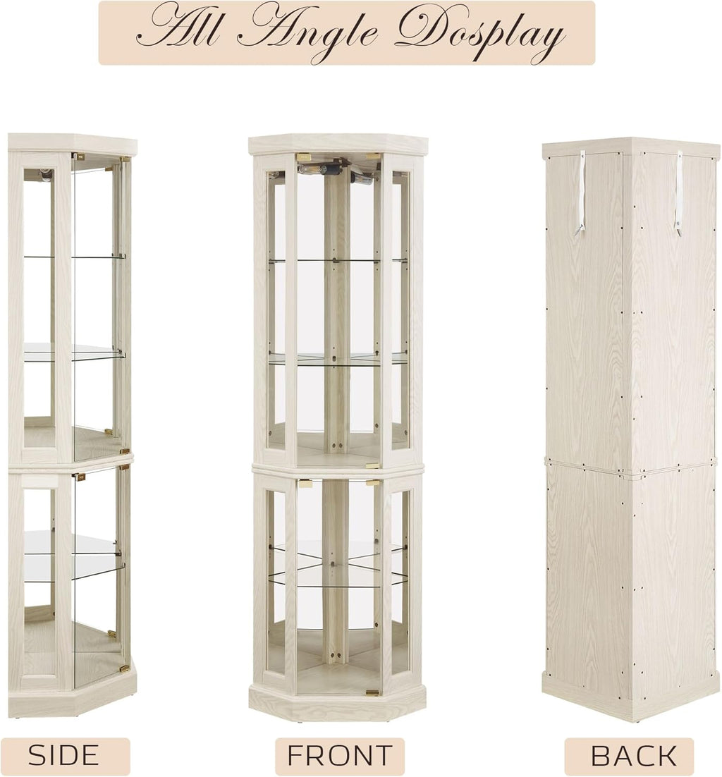 Corner Curio Cabinet, 70' H Lighted Glass Display Cage with Tempered Glass Doors and Adjustable Shelves, Bulb Inclued, Wine Bar China Cabinet for Living Room Liquor Storage (White)