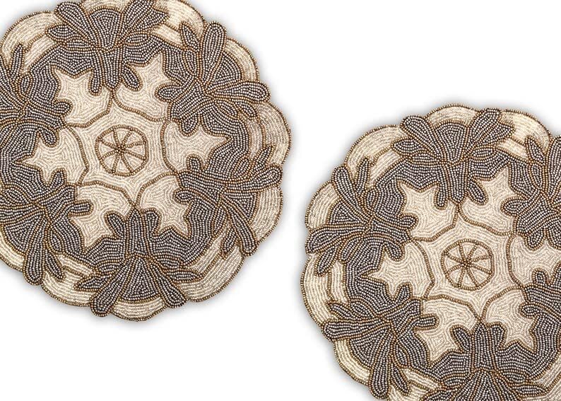 HM CREATIONS Set of 6 Placemats, Handmade Beaded Placemats, Floral Tablemats, Designer Charger Plates 13X36 Inches (6)