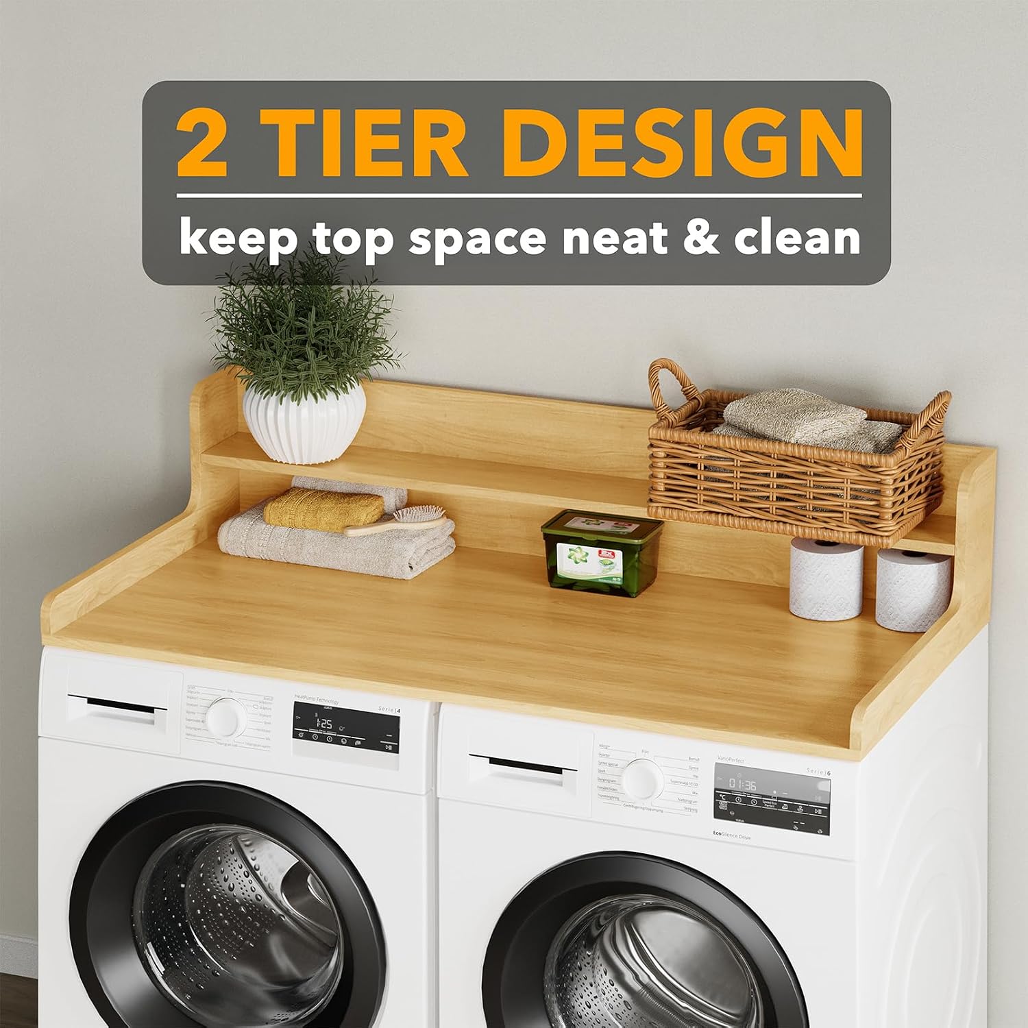SpaceAid Washer Dryer Countertop with 2-Tier Shelf, Wood Topper with Edge, 54' Width x 27.5' Depth Cover Organizer Guard for Washer and Dryer Counter Laundry Hamper Storage (Maple Wood)