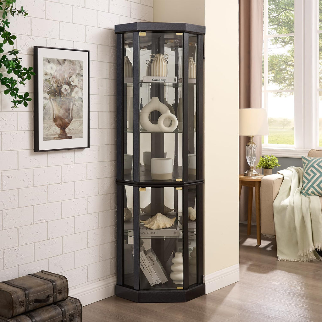 69' H Lighted Corner Display Cabinet, 5-Tier Wooden Curio Glass Cabinet with Adjustable Shelves & Glass Door, Corner Storage Display Case with Mirrored Back Pane for Living Room (Black)
