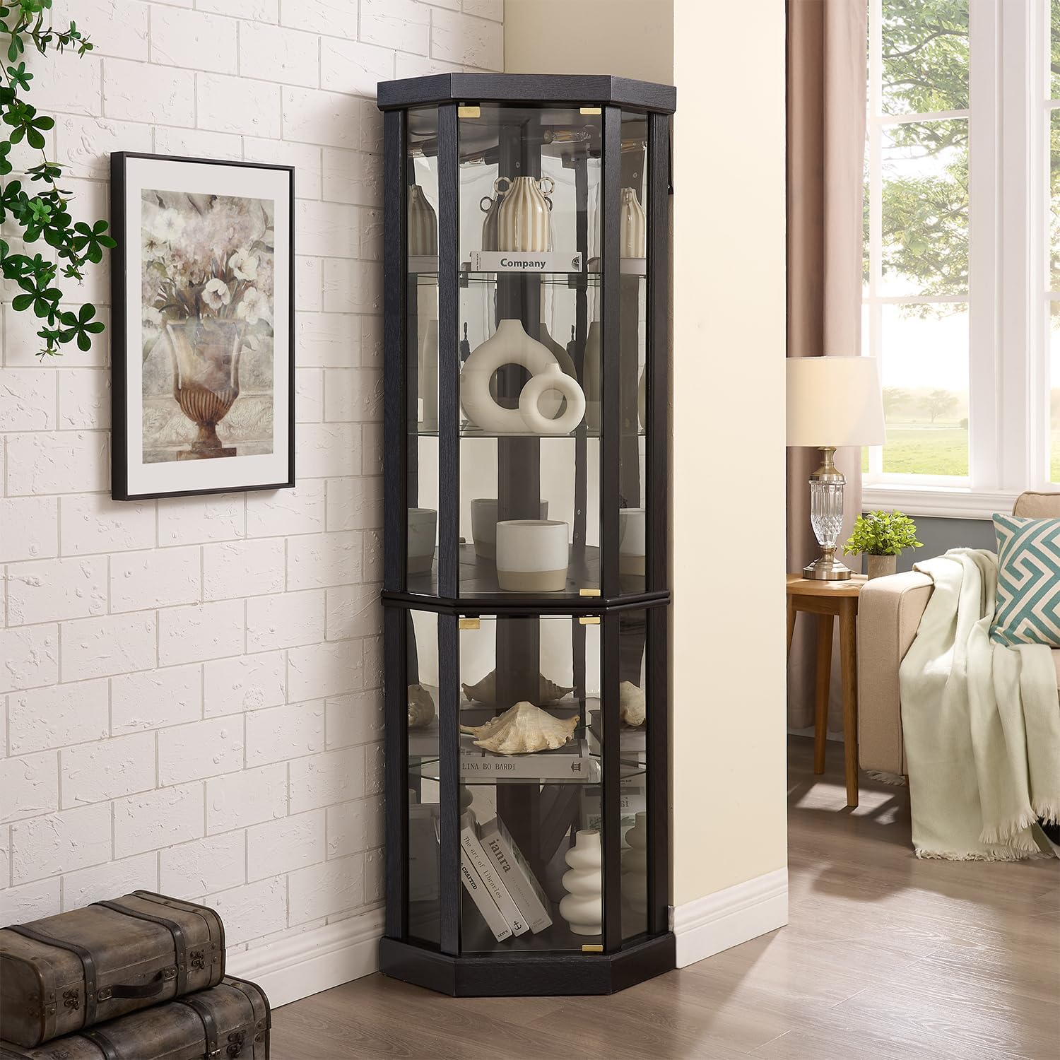 69' H Lighted Corner Display Cabinet, 5-Tier Wooden Curio Glass Cabinet with Adjustable Shelves & Glass Door, Corner Storage Display Case with Mirrored Back Pane for Living Room (Black)