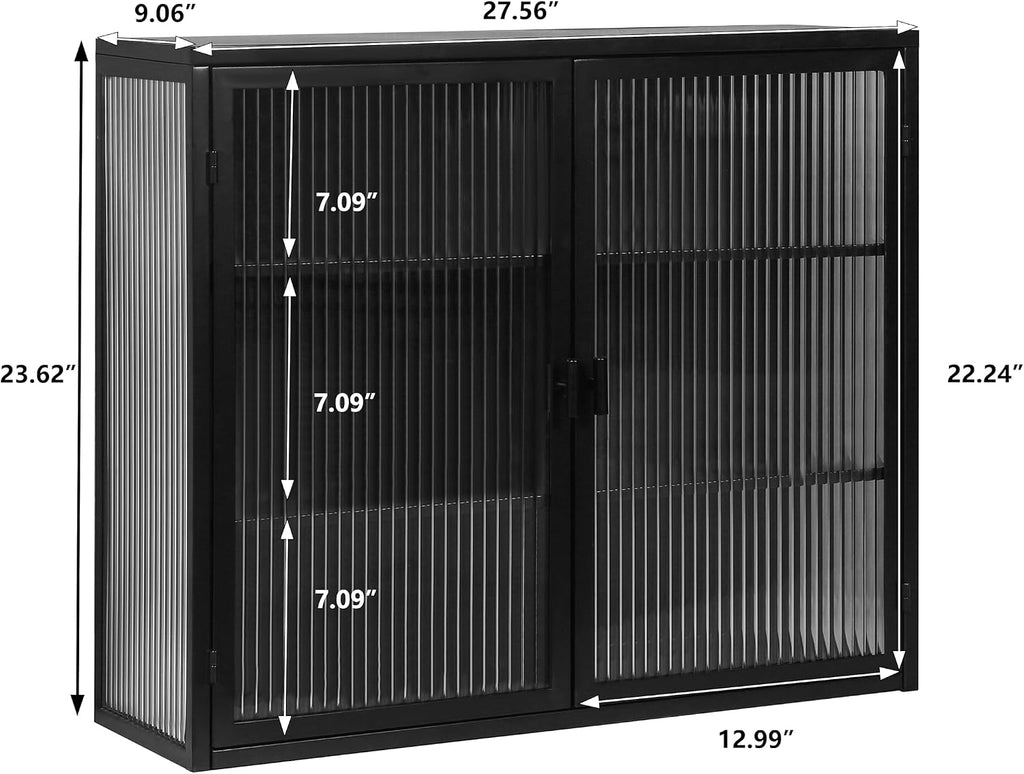 Retro Style Haze Double Glass Door Wall Cabinet with Detachable Shelves for Office, Dining Room,Living Room, Kitchen and Bathroom Black