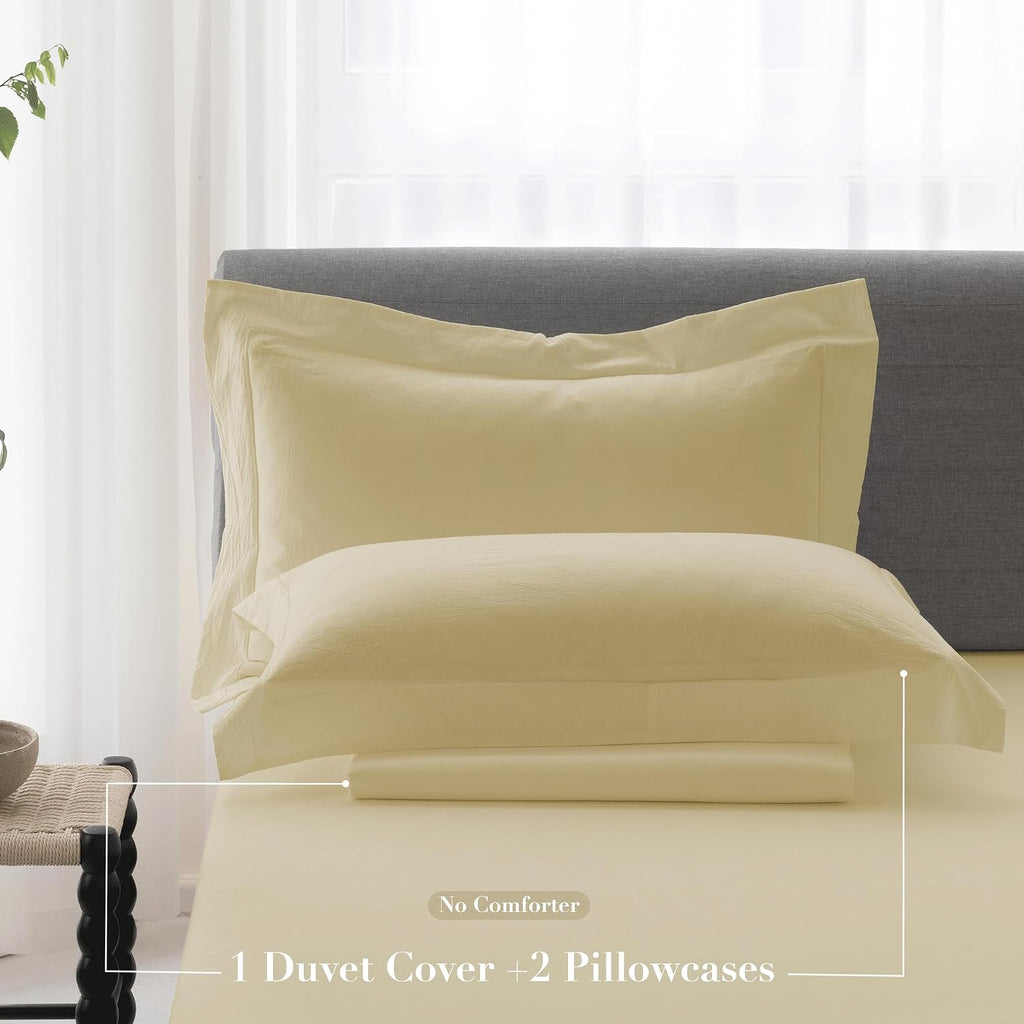 Cooling Duvet Cover Set 3 Pieces-100% Washed Cotton with Chic Wide Trim Design Linen Like Textured Ultra Soft Cozy Bedding with Zipper Closure(Hemmed Pale Yellow,Oversized King 120'x98')