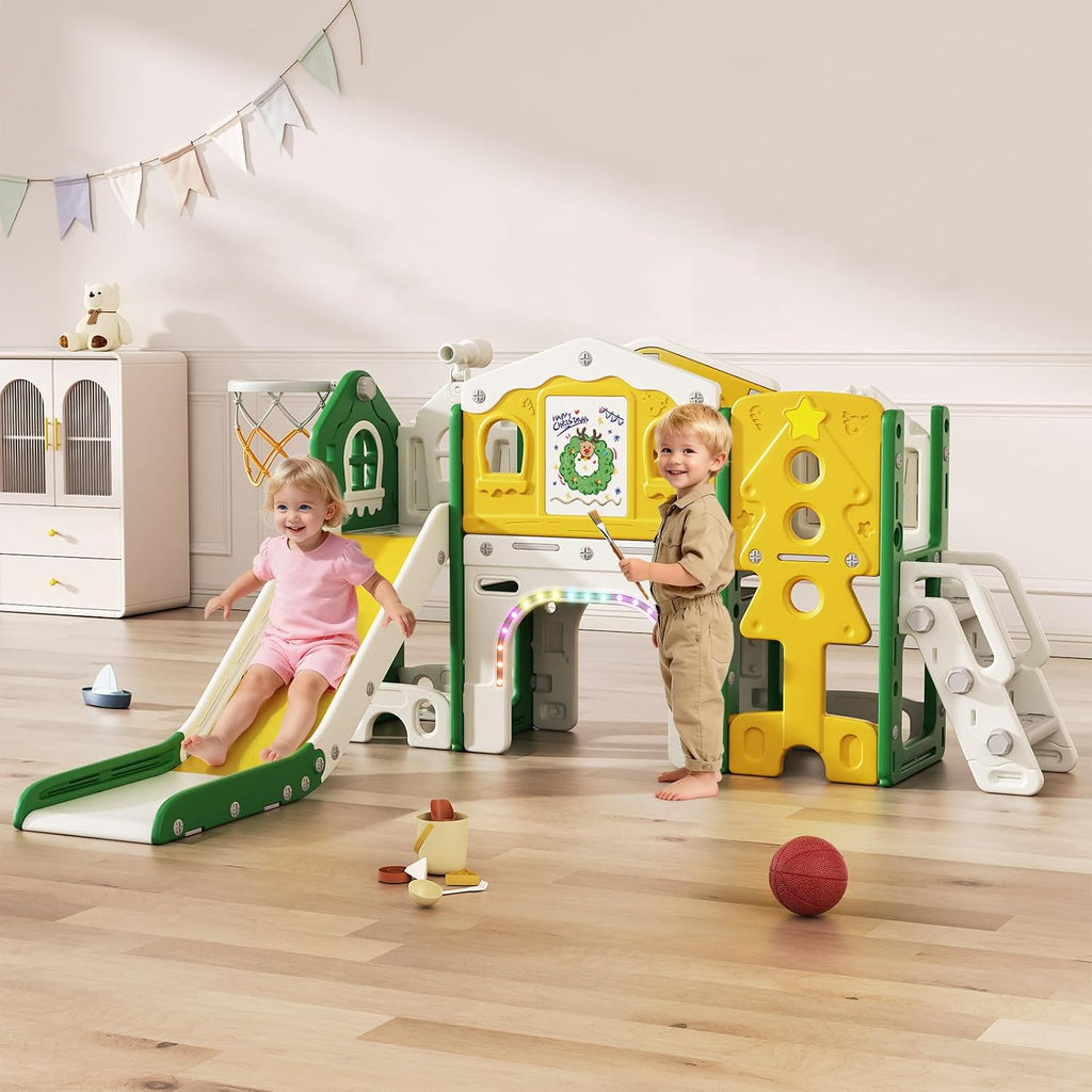 BIERUM 10 in 1 Toddler Slide Set - Baby Slide for Toddlers 1-3 with Colorful Lights, Drawing Board and Building Blocks Board, Indoor Outdoor Toddler Playset Playground, Green Yellow