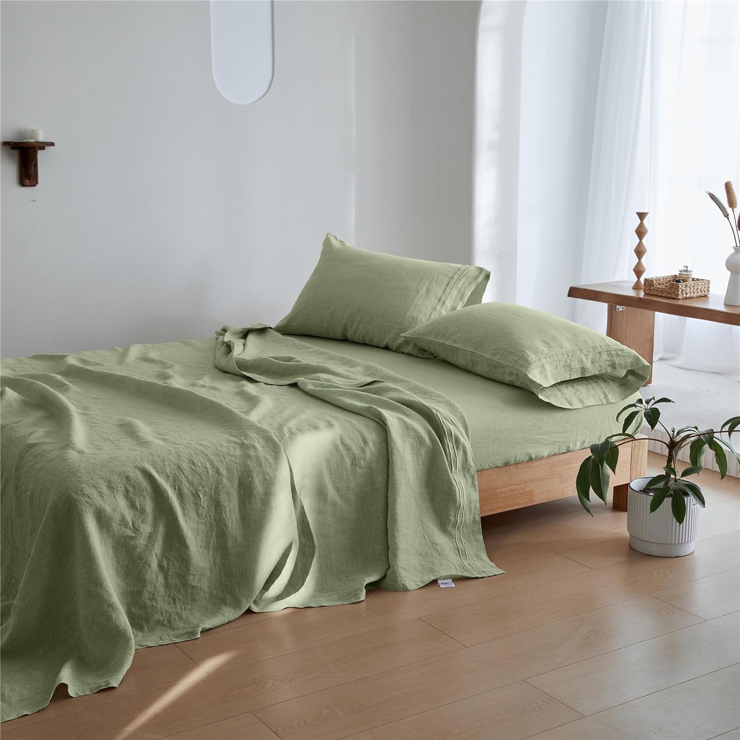Simple&Opulence 100% Linen Sheet Set 4 Pieces Natural France Flax Bed Sheet (1 Flat Sheet, 1 Fitted Sheet, 2 Pillowcases) Breathable Luxury Hotel Bedding - Embroidery Sage Green, King Size