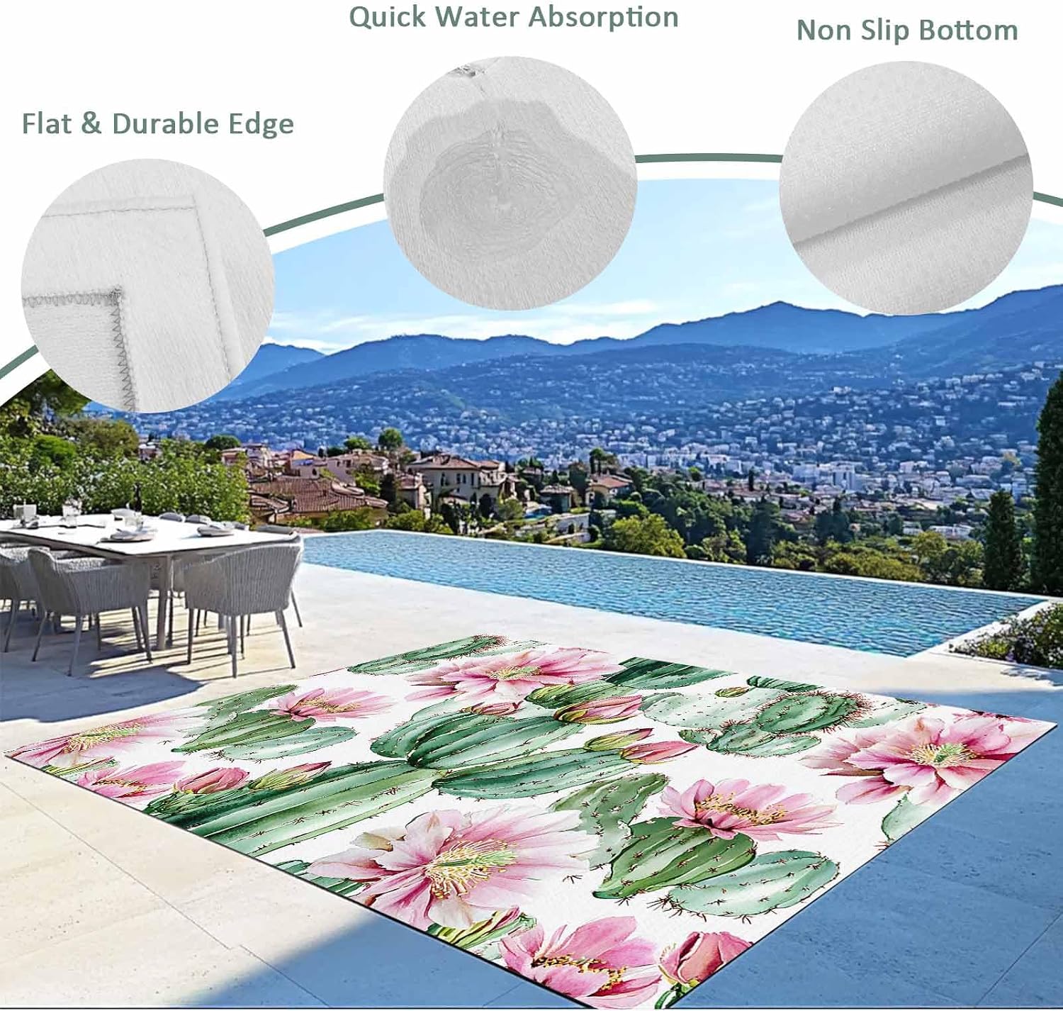 Outdoor Rug 4x6ft Watercolor Pink Flower Green Cactus Patio Area Rugs Waterproof Easy Cleaning Non Shedding Thick Mats Tropical Carpet for Indoor Outdoor Porch Deck Backyard Balcony
