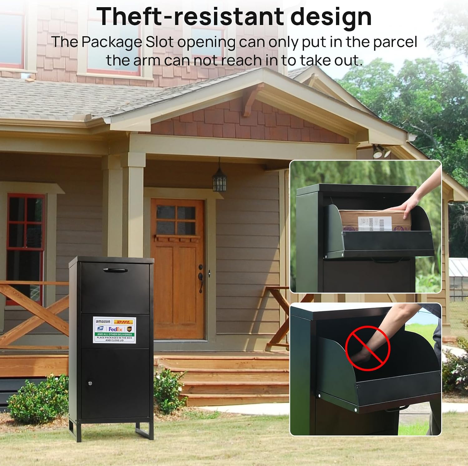 ALBAD Package Delivery Boxes with Lockable Secure Compartment, Anti-theft Baffle Parcel Drop Box, and Waterproof Design for Porch and Curbside Delivery (BLACK)