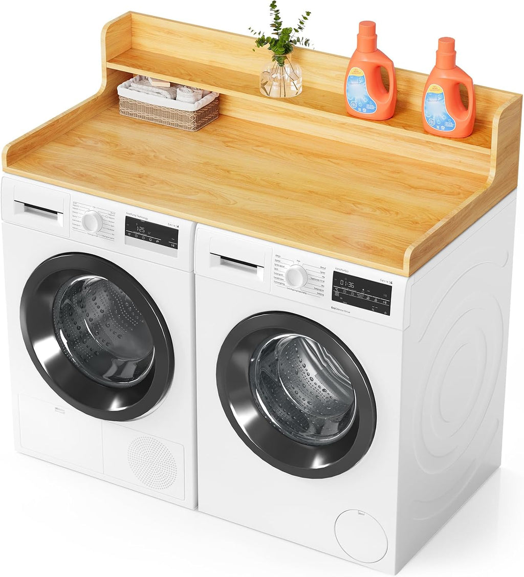 SpaceAid Washer Dryer Countertop with 2-Tier Shelf, Wood Topper with Edge, 54' Width x 27.5' Depth Cover Organizer Guard for Washer and Dryer Counter Laundry Hamper Storage (Maple Wood)