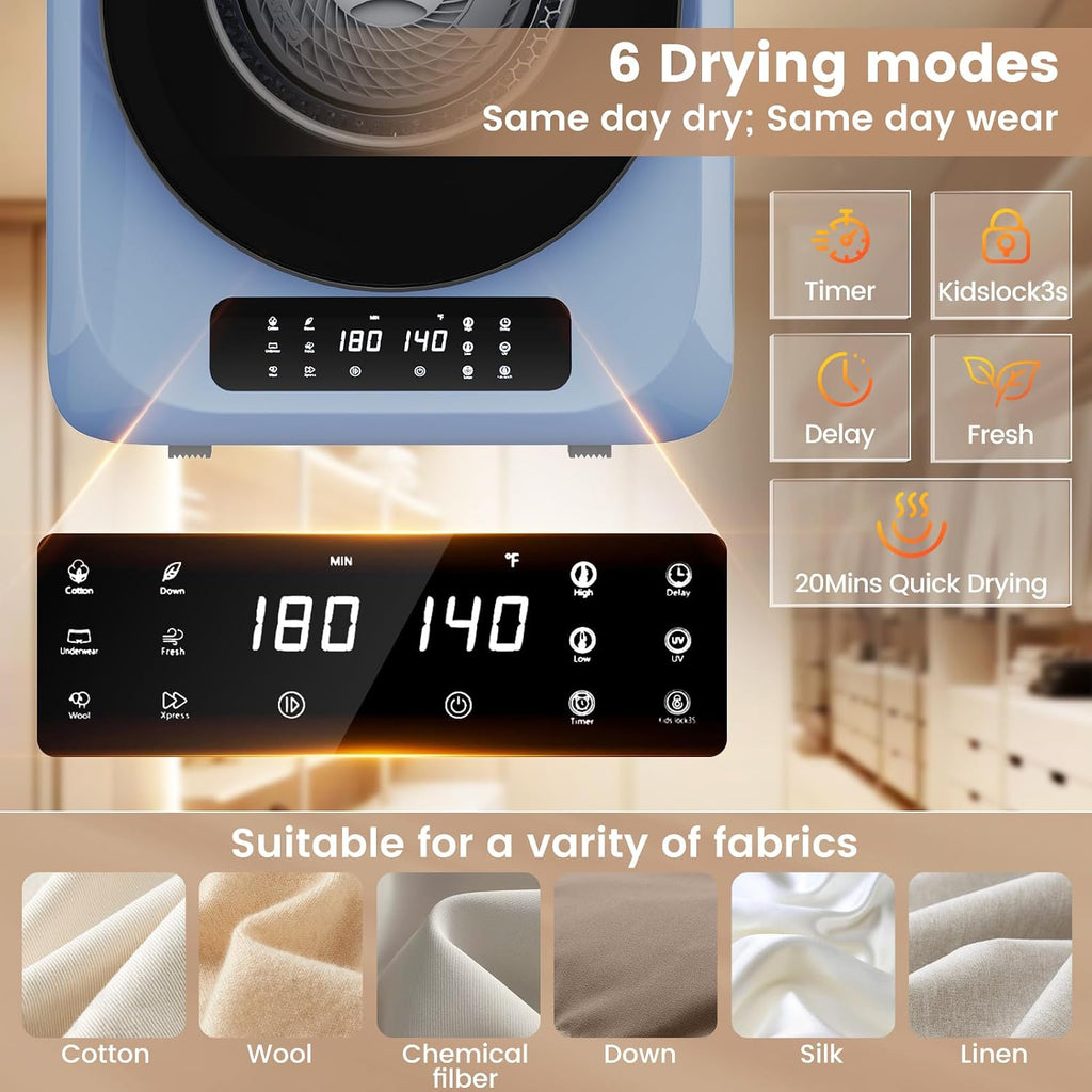 VCJ Portable Dryer for Laundry, 12lbs Clothes Dryer with 6 Drying Modes & 8H Timer, LED Display 850W Front Load Compact Electric Dryer for Apartment, RVs, Dorms