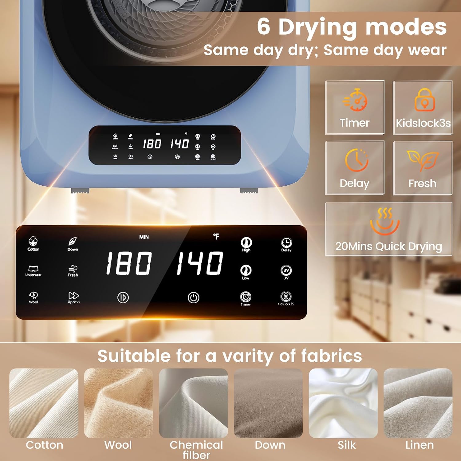 VCJ Portable Dryer for Laundry, 12lbs Clothes Dryer with 6 Drying Modes & 8H Timer, LED Display 850W Front Load Compact Electric Dryer for Apartment, RVs, Dorms