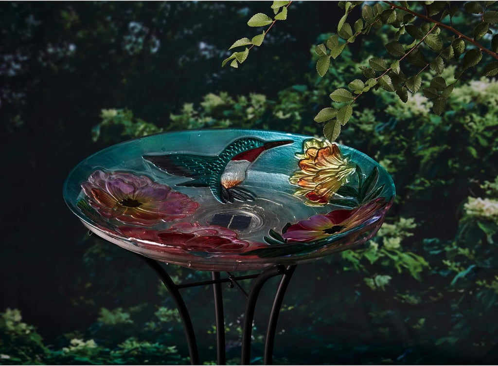 Evergreen Garden 18' Solar Hand Painted Embossed Glass Bird Bath with Stand, Floral Hummingbird Garden Décor and Accessories for Home and Yard