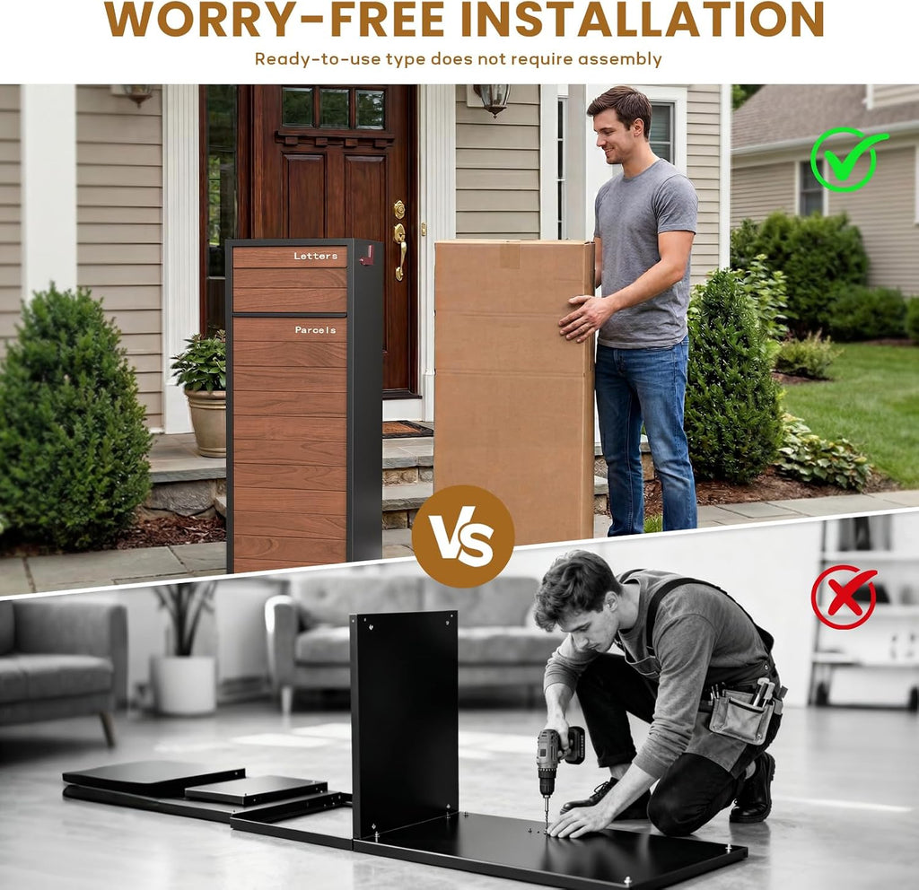 Merapi Large Parcel Drop Box for Outside – Fully Assembled Package Delivery Box with Rear Access – Weather-Resistant Galvanized Steel Locking Mailbox for Porch & Curbside (Oak-Grain Steel)