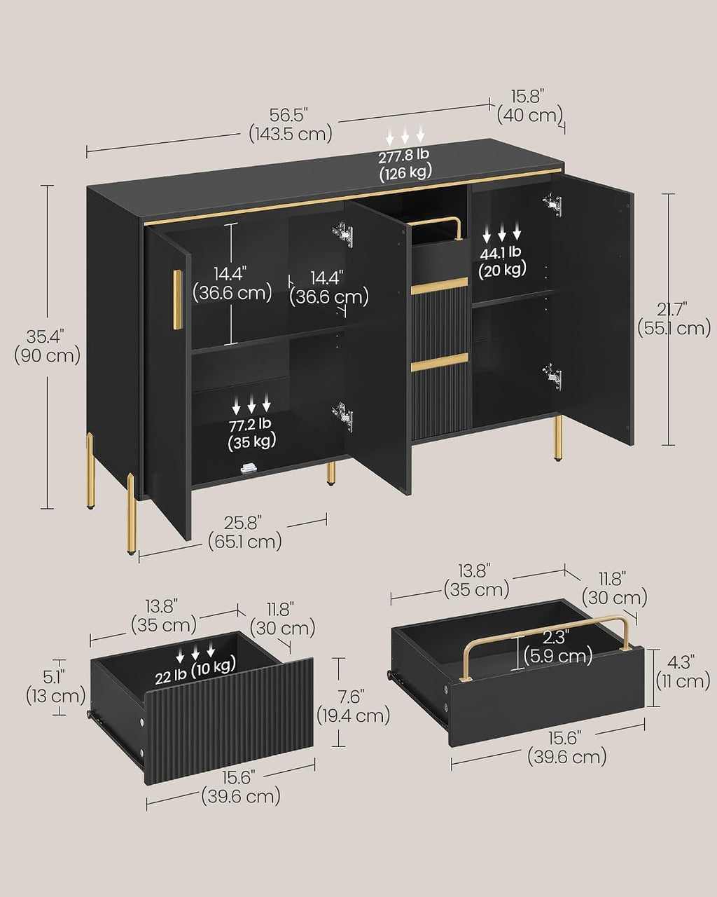 VASAGLE Buffet Cabinet with Storage, Sideboard, Kitchen Cabinet with Drawers, Adjustable Shelf, Fluted Drawer Front, for Living Room, Modern, Ink Black UBBC691B01