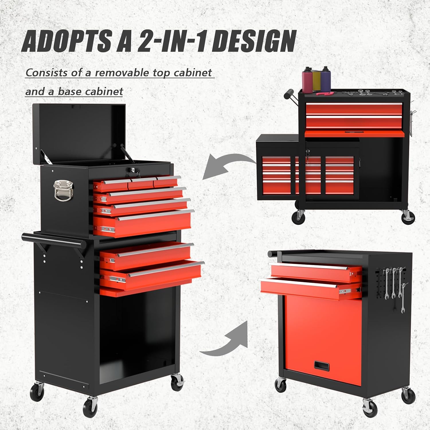 8-Drawers Large Tool Chest, Detachable Top Tool Box, Locking Mechanical tool box with wheels, Large Rolling Tool Box Organizer for Garage, Workshop, Home Crafts