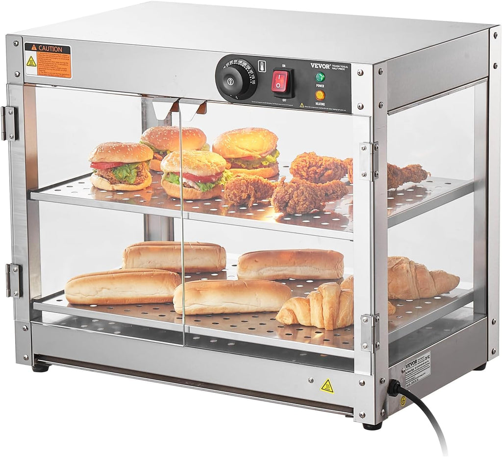 VEVOR 2-Tier Commercial Food Warmer Display, 800W Food Display Warmer with Light to Enhance Food Display, 86℉~185℉ Temperature Control, 58L Large Capacity for Hamburger, Pizza, Bread, Fried Chicken
