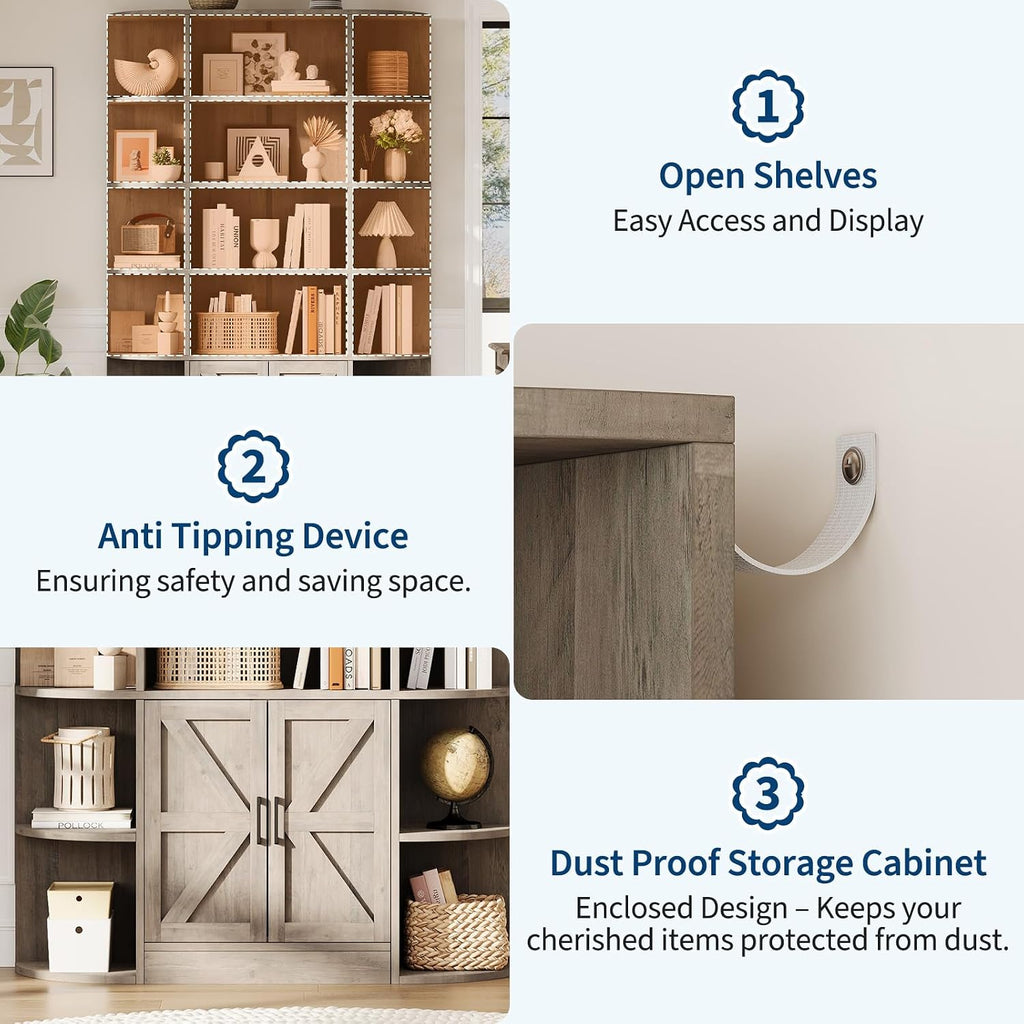 IDEALHOUSE 75in Tall Bookshelf with Storage, 6-Tier 47' Wide Modern Farmhouse Standing Bookcase Cabinet Display Shelf Organizer for Home Office Living Room Bedroom, Grey