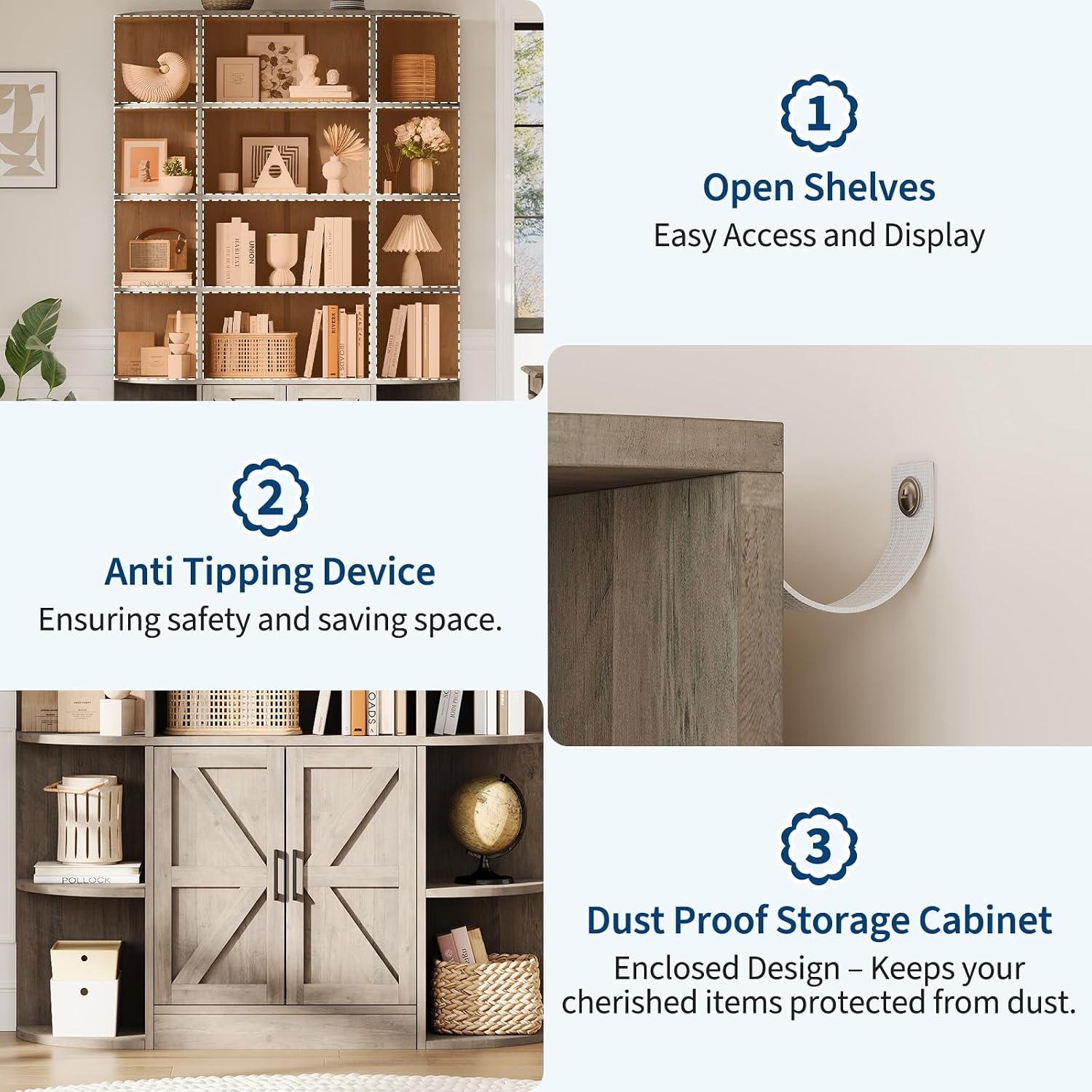 IDEALHOUSE 75in Tall Bookshelf with Storage, 6-Tier 47' Wide Modern Farmhouse Standing Bookcase Cabinet Display Shelf Organizer for Home Office Living Room Bedroom, Grey