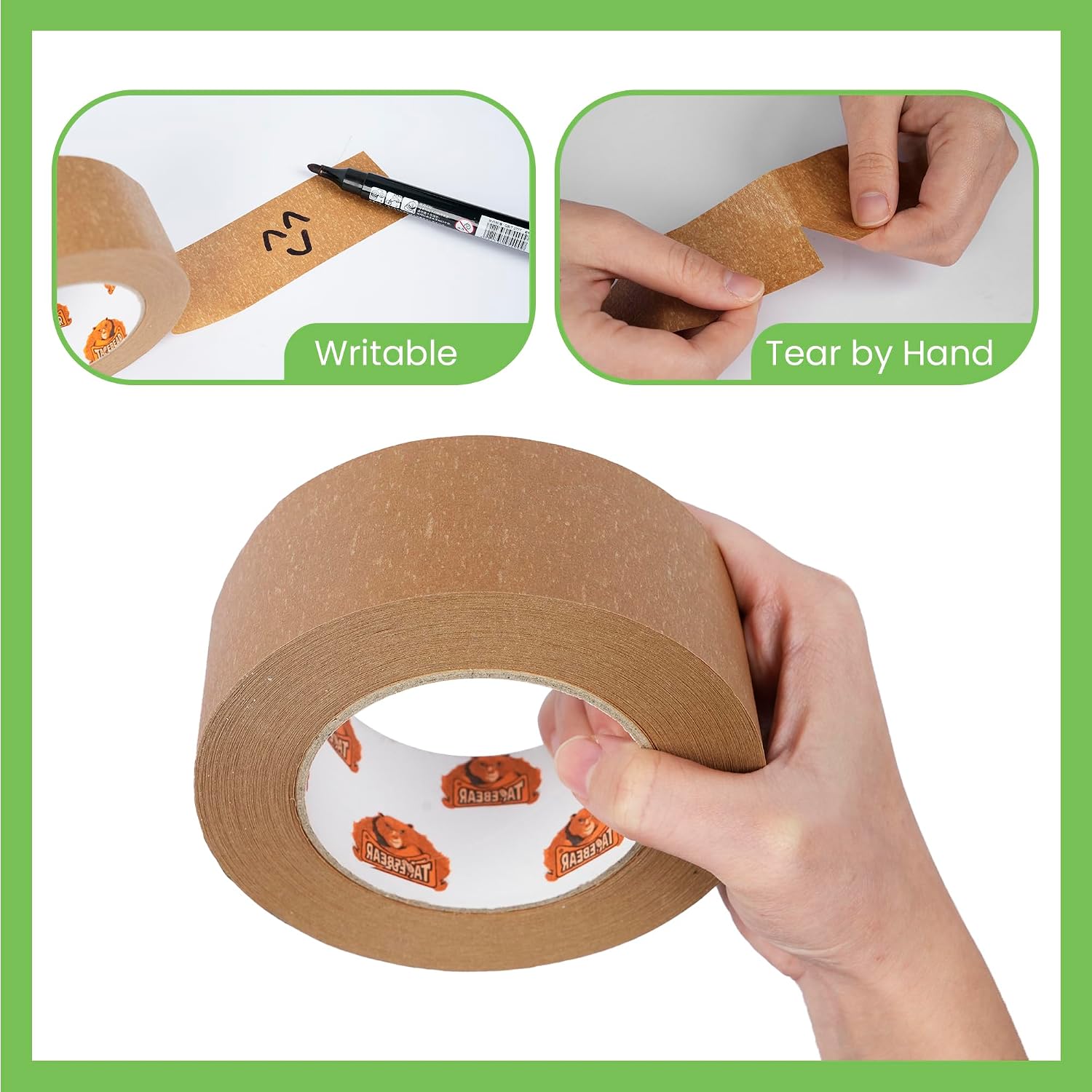 TAPEBEAR Eco-Friendly Kraft Paper Tape, Biodegradable Heavy Duty Packing Tape 2Inch x 55Yard, Recyclable Packaging Tape Self Adhesive Box Tape for Shipping, Sealing, Moving & Masking, 48Rolls