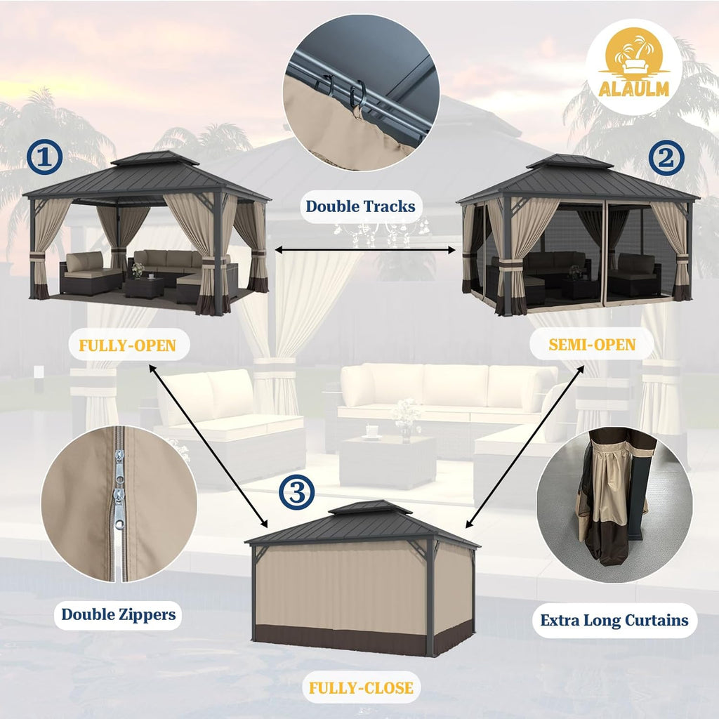 ALAULM 12'x14' Hardtop Gazebo, Outdoor Double Roof Canopy with Netting and Curtains, Galvanized Metal Frame, Sunshade for Patio, Backyard, Deck and Lawns-Sand