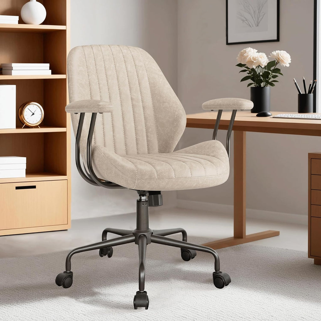 ovios Ergonomic Office Chair, Mid Back Faux Leather Executive Chairs with Armrests, Comfy Mid-Century Modern Swivel Rolling Computer Armchair (Beige, Suede Leather)